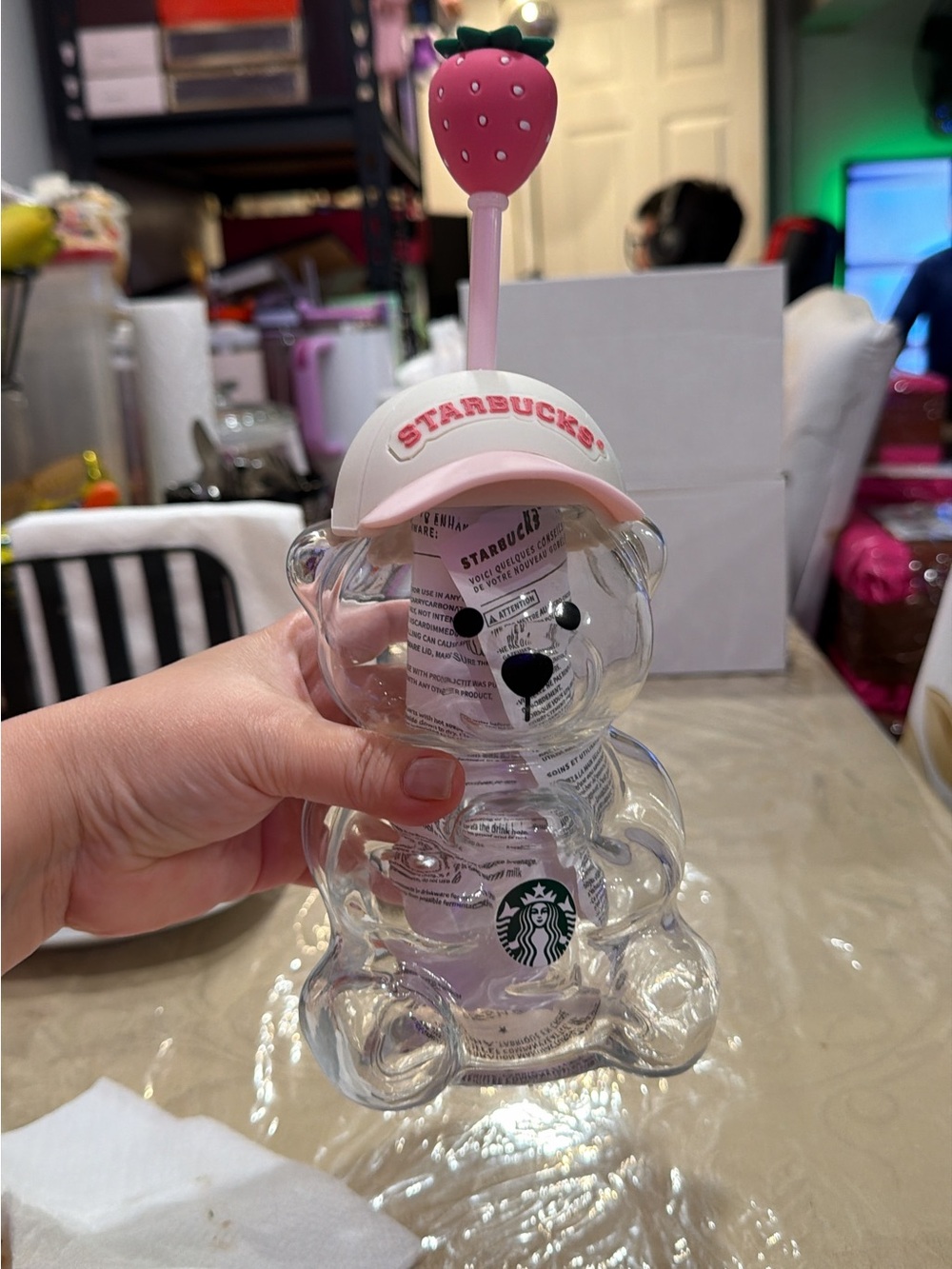 Starbucks Clear Bear Water Bottle with Pink Strawberry Cap
